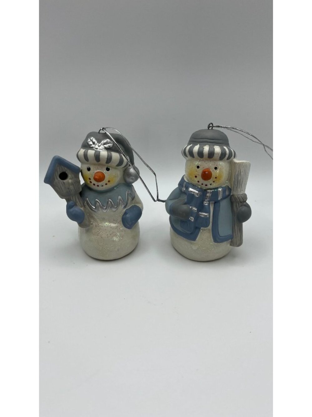 Two Glittered Snowman Hanging Ornaments Christmas Figurines